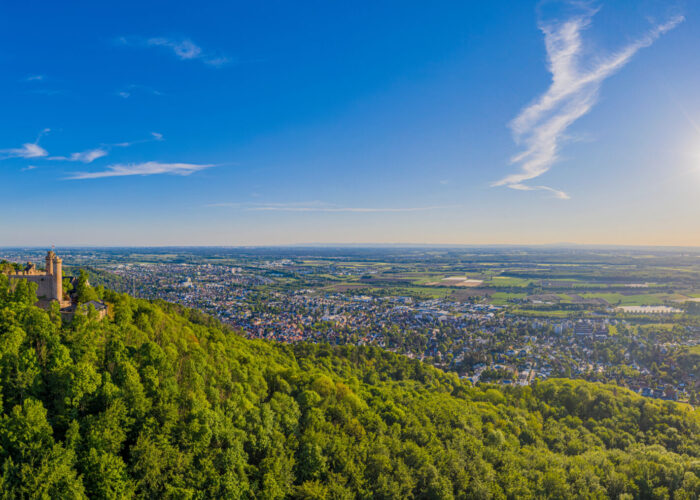Panoramic aerial view of the German town Bensheim in summer